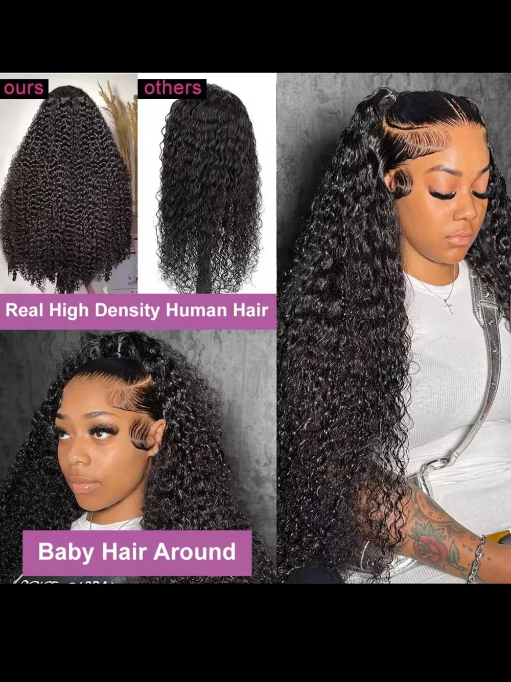 Human Curly Lace Front Wig with Baby Hair - Black